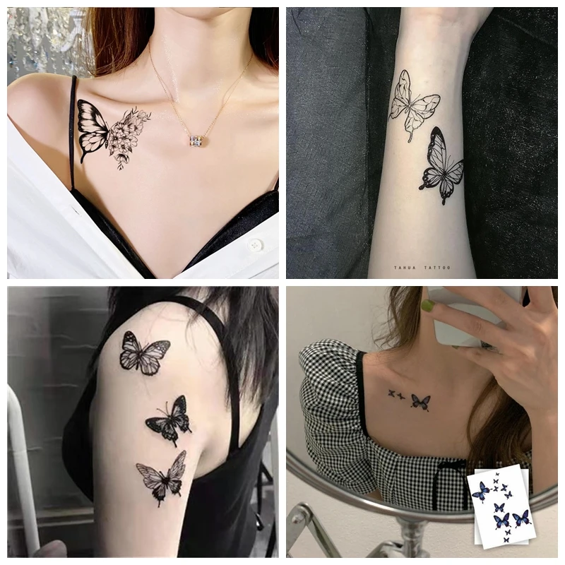 

Black Watercolor Butterfly Waterproof Temporary Tattoo Women Sticker Sexy Fashion Line Flower Arm Fake Tattoo Tatouage Ephemere