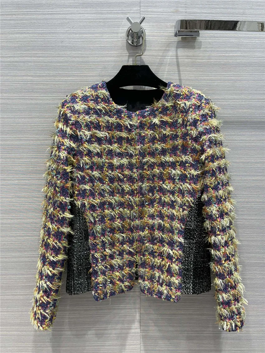 

Top Quality Medieval Series Women 100% Silk Lining O Neck Houndstooth Patchwork Tweed Jacket Coat