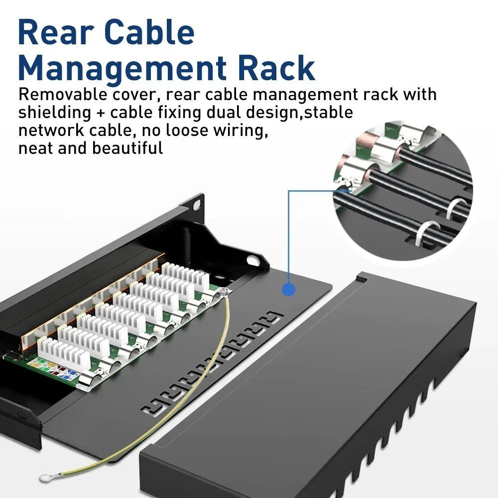 Фото ZOERAX CAT6a 8-портовая патч-панель, экранированная металлическая сетевая панель 10 Гбит/с, стойка 1U/настенное крепление, совместимая с кабелями CAT5e/6/6a/7 №5