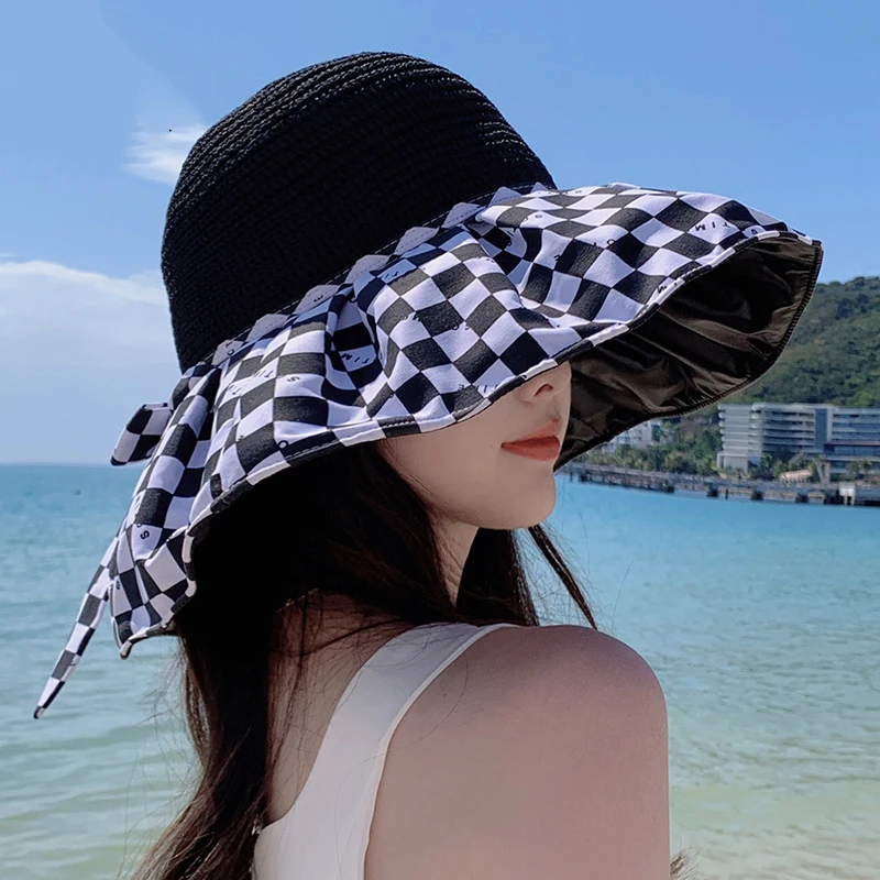 Travel Outdoor Women's Sun Hat Checkerboard Contrast Color Fishmen Hat Grass Top Big Edge Sun Hat Women Summer Sun Hat