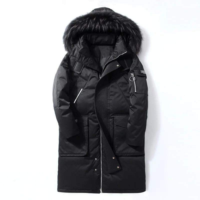 Detachable fur hooded white duck down warm winter jacket - 30 degree Multi Pocket hooded men's coat