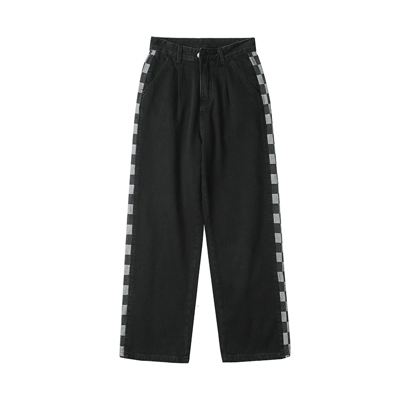 Privathinker Side Plaid Jeans For Men Loose Fashion Straight Denim Pants Harajuku Streetwear Hip Hop Casual Male Trousers