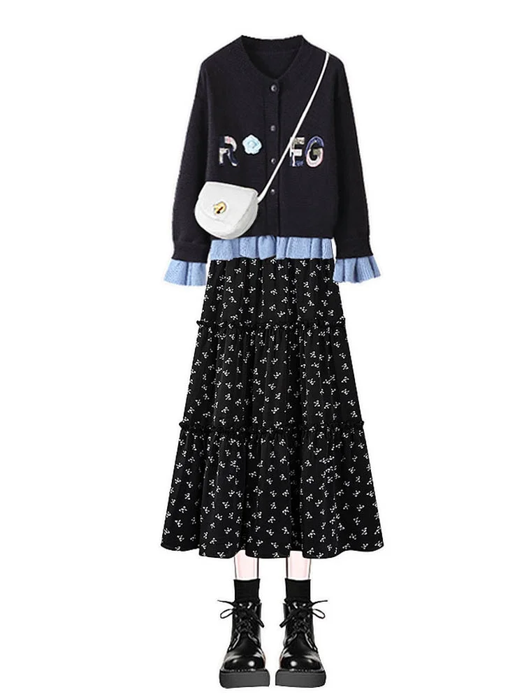 Plus size Autumn Age Reducing Dress Outfit Women Fake Two Pieces Knit Sweater High Waist Slimming Floral Skirt Two-piece Set