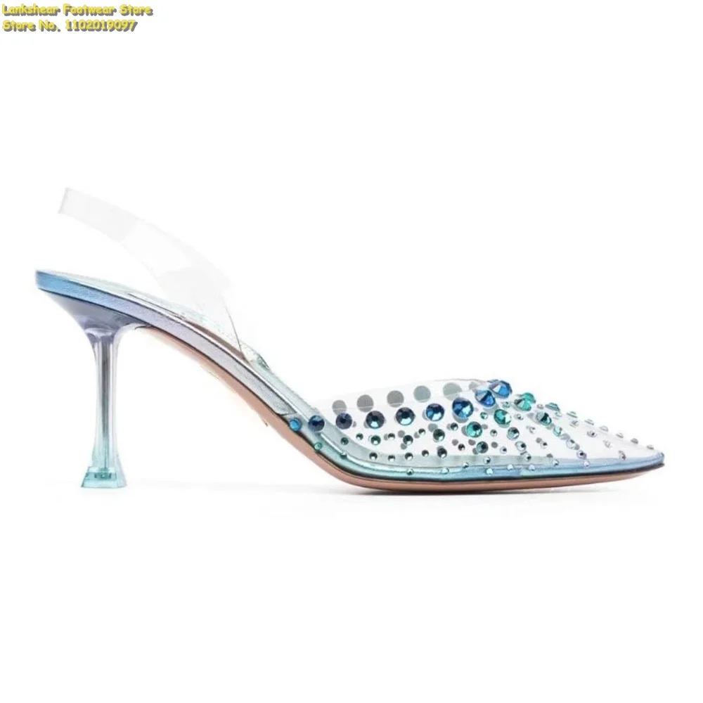 

Bling Bling Women Blue PVC Crystal Embellished Pump Pointed Toe Stiletto Sandals High Heels Slip on Elegant Fashion Comfort 2022