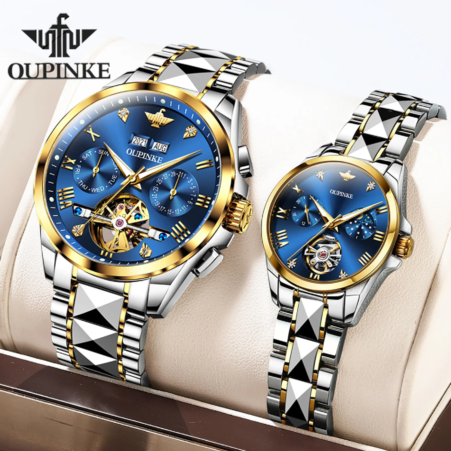 

OUPINKE Luxury Couple Watches Pair Men and Women Automatic Mechanical Sapphire Mirror Waterproof Top Brand Watch Lovers Gift