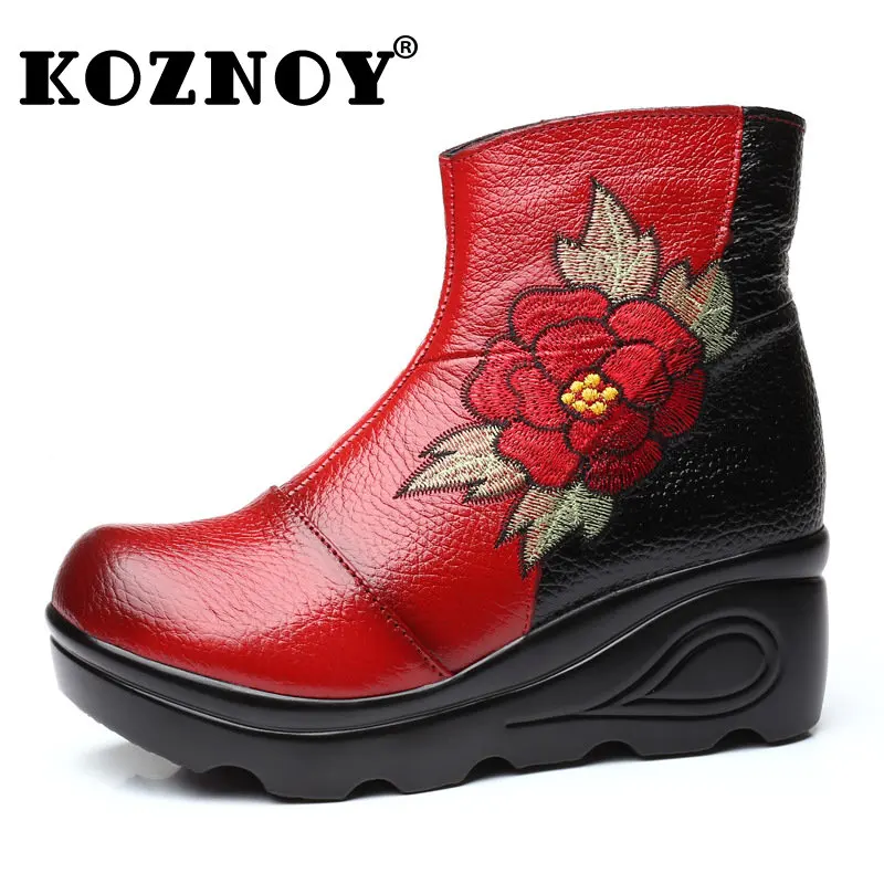 

Koznoy 4cm Embroider Flower Genuine Leather Ethnic Autumn Plush Warm Fur Winter Women Ladies Fashion Females Mixed Color Shoes