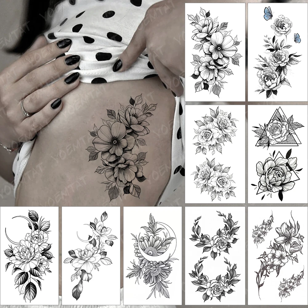 

Водостойкая Временная тату-наклейка, Реалистичная черная Сексуальная Талия, цветы, пионы, розы флэш-тату, искусственная тату для боди-арта, ...