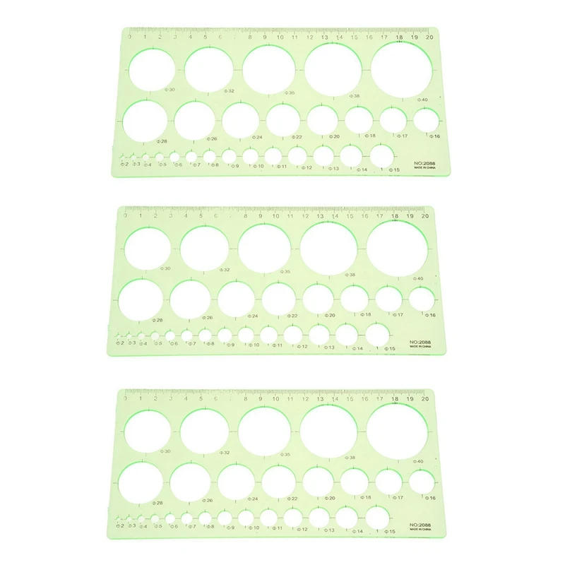 

3X Green Plastic Students Rectangle Shape Drawing Circle Template Ruler