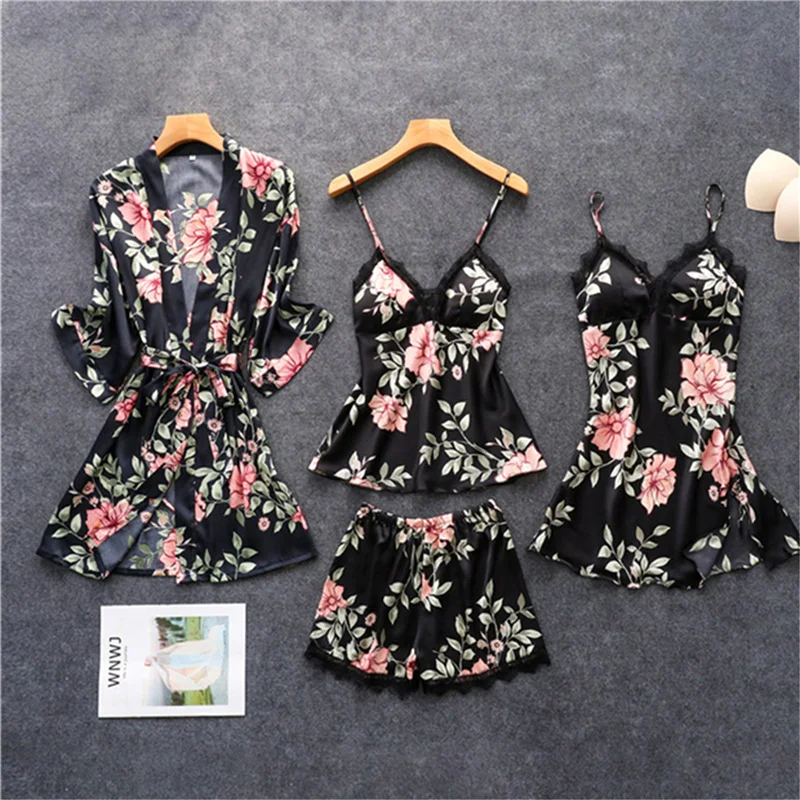 

Spring Summer New Style Women Pajamas Ladies Fashion Underwear Suspenders Feminine Pajamas Nightgown Four-piece Silk Pajamas