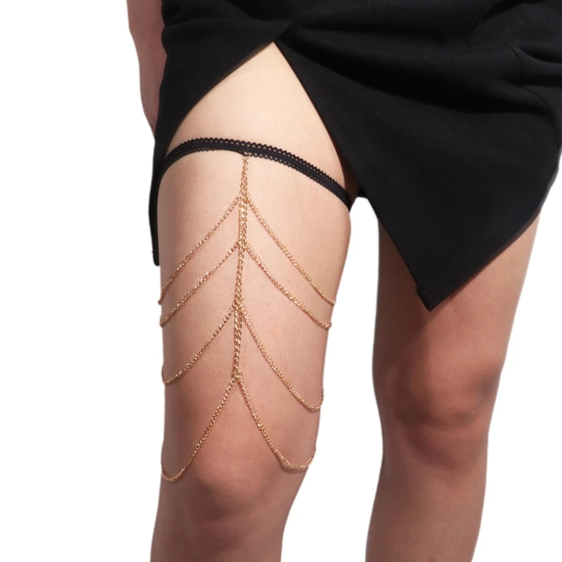 

E9LC Sexy Thigh Chain Garter Dangle Multi Layer Thigh Chain Elastic Sexy Body Chain Jewelry Nightclub Party for Women Girls