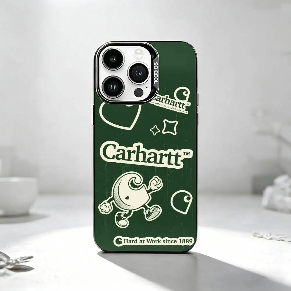 Кожаный чехол C-Carhartt с логотипом для iPhone 17, 16, 15, 14, 13, 12, 11 Plus, Pro Max, XS, цветной, серебристо-черный (art.: 3920dac907add) - 3920dac907add