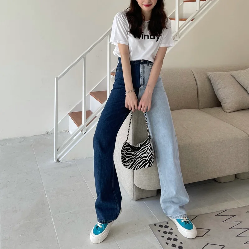 

2021 High Waist Baggy Jeans Women Fashion Comfy Casual Stitching double color Loose Pants Mom Jeans Washed Wide Leg Trousers New