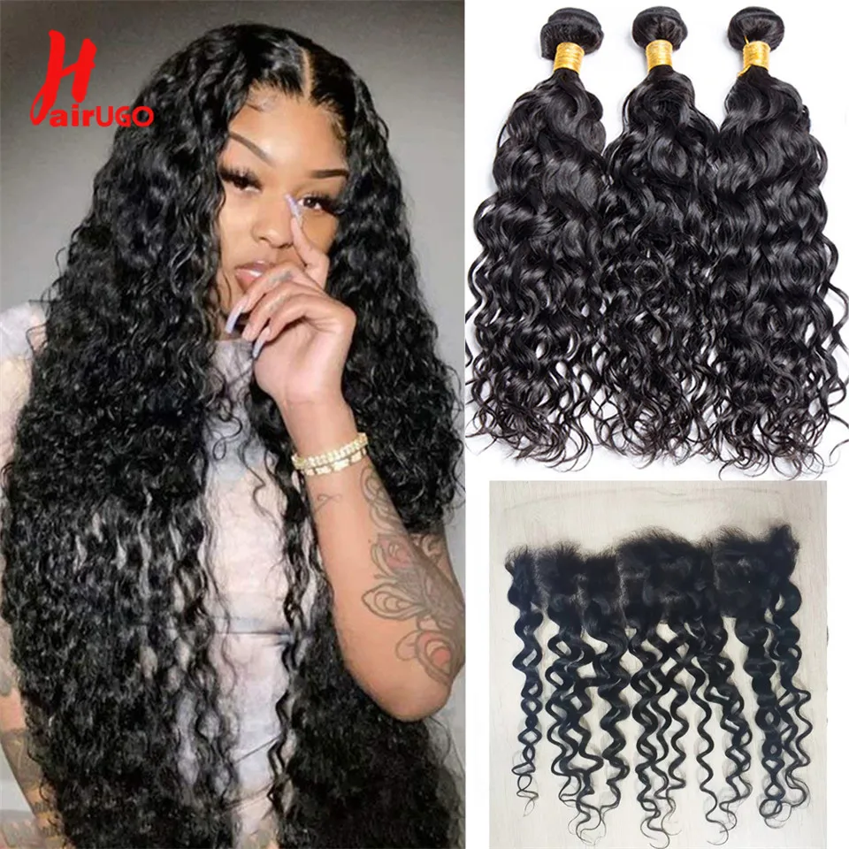 HairUGo Brazilian Hair Bundles With Frontal Non-Remy Water Wave 13*4 Lace Front With Bundles Human Hair Extension Bundles Weave