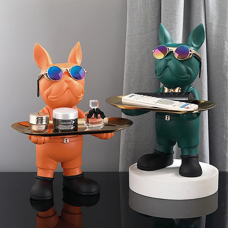 

French Bulldog Butler Nordic Resin Dog Sculpture With Glass Modern Home Decor For Tabletop Living Room Animal Crafts Ornament