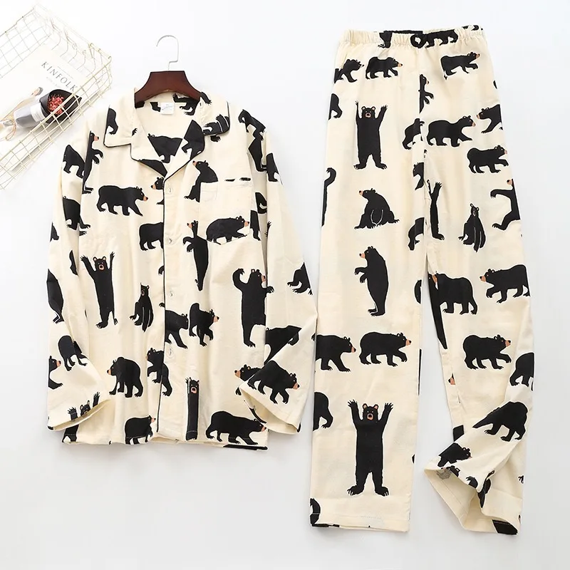 Cute White Bear 100% Brushed Cotton Women Pajamas Sets Spring Autumn Casual Fashion Animal Sleepwear Women Homewear Suits
