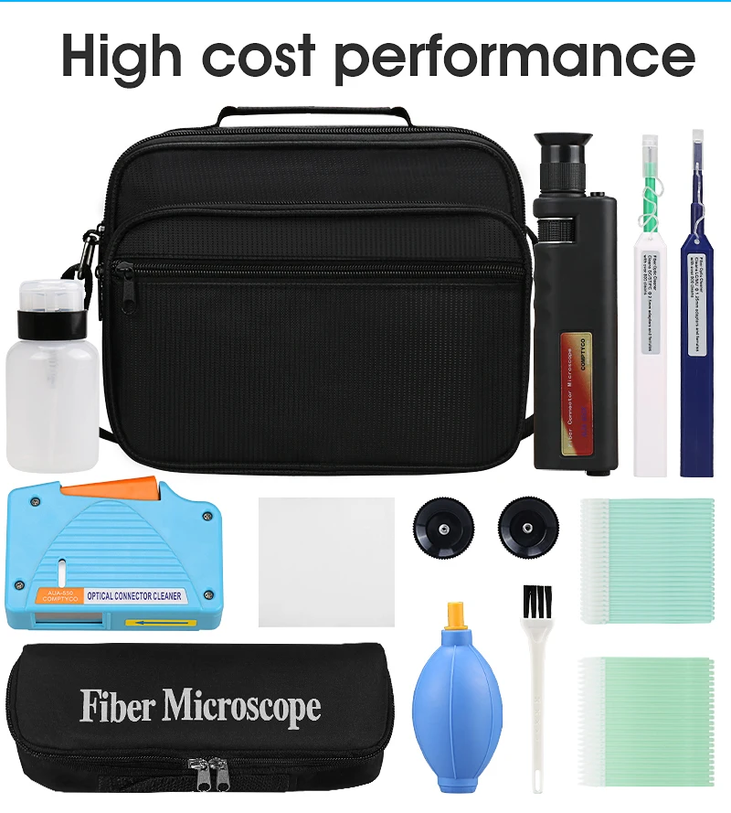 12pcs/set  Fiber Cleaning Kit Fiber Optic FTTH Tool Kit Network Testing Tool with 400X Fiber Inspection Microscope etc