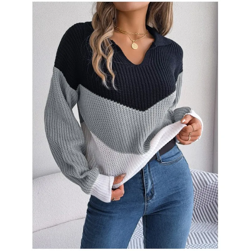 Осенне-зимний женский повседневный вязаный пуловер с контрастными лацканами и