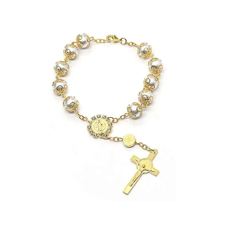 

Gold Pearl With Receptacle Cross Catholic Rosary Bracelet