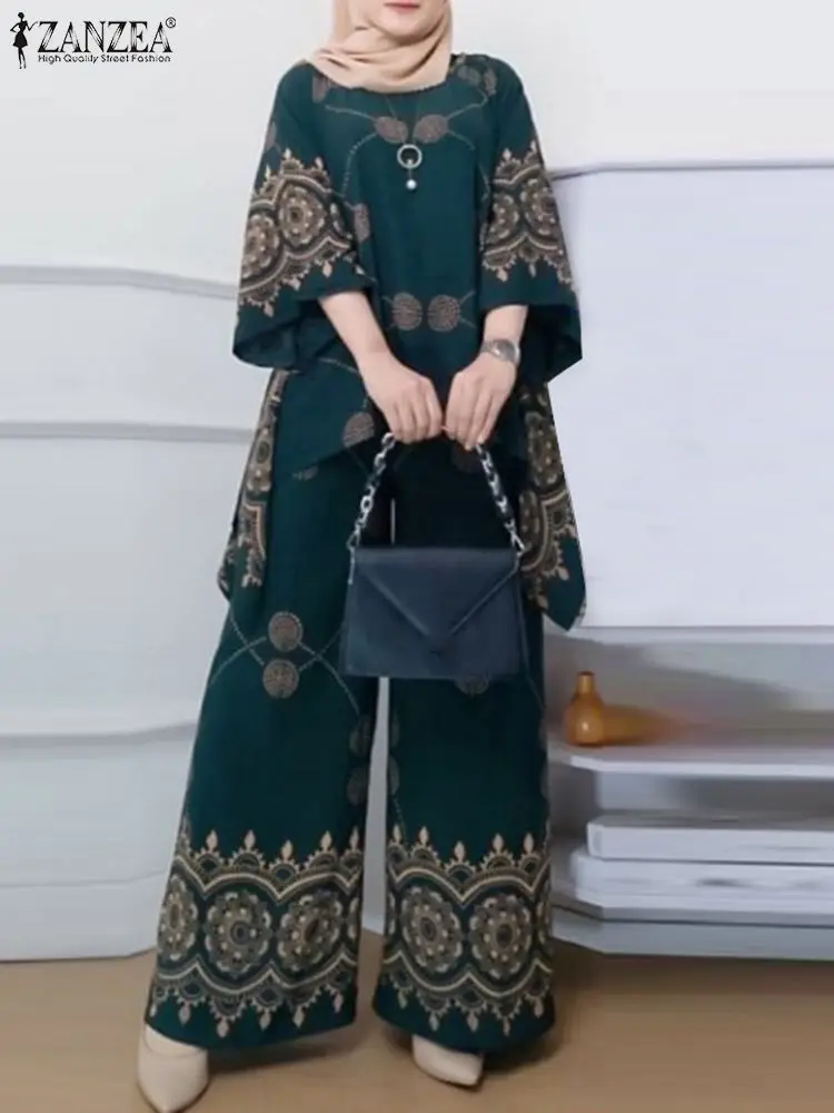 Комплект ZANZEA женский в мусульманском стиле модная блузка с рукавом 2024 брюки