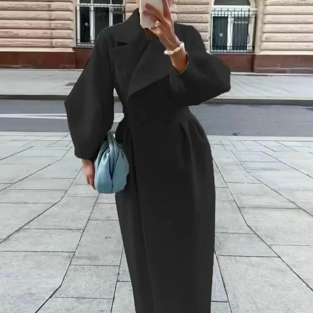 

Женское шерстяное пальто, двубортная Дамская ветровка с рукавами-фонариками, винтажное пальто с отложным воротником, Длинная ветровка, уличная одежда