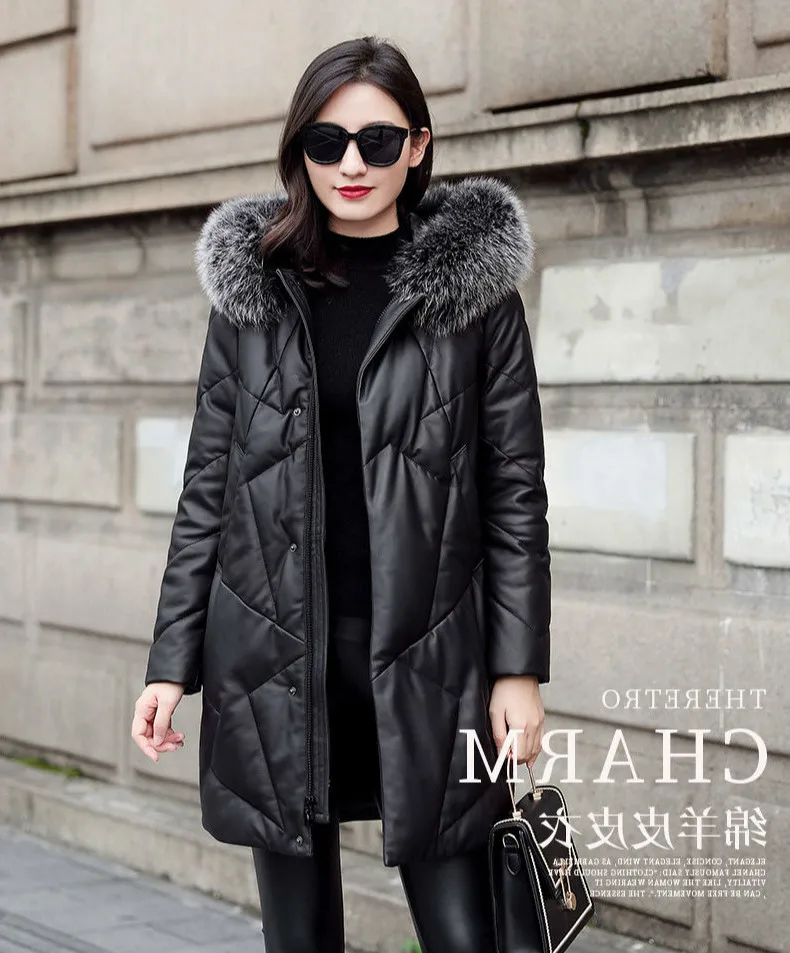 

2023 Genuine Leather Down Jacket Women Winter Sheepskin Coat Female Fox Fur Collar Hooded Leather Jackets Women ZM-612 KJ5400