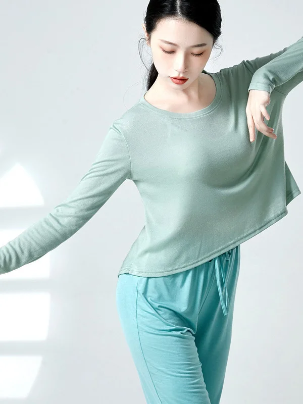 

Color Loose Solid Dance Tops Bamboo Belly Fans Chinese Batwing Long Sleeve Folk Hanfu Classical Practice Lirico Shirt Woman