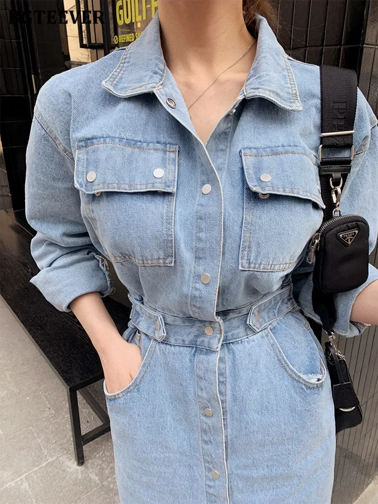 

Turn-down Collar Women Jeans Dress Long Sleeve Single-breasted Pockets Female Denim A-line