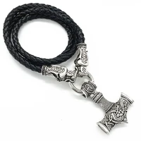 viking mjolnir thor hammer pendants scandinavian nordic pagan symbol wolf heads leather chain necklace free shipping items
