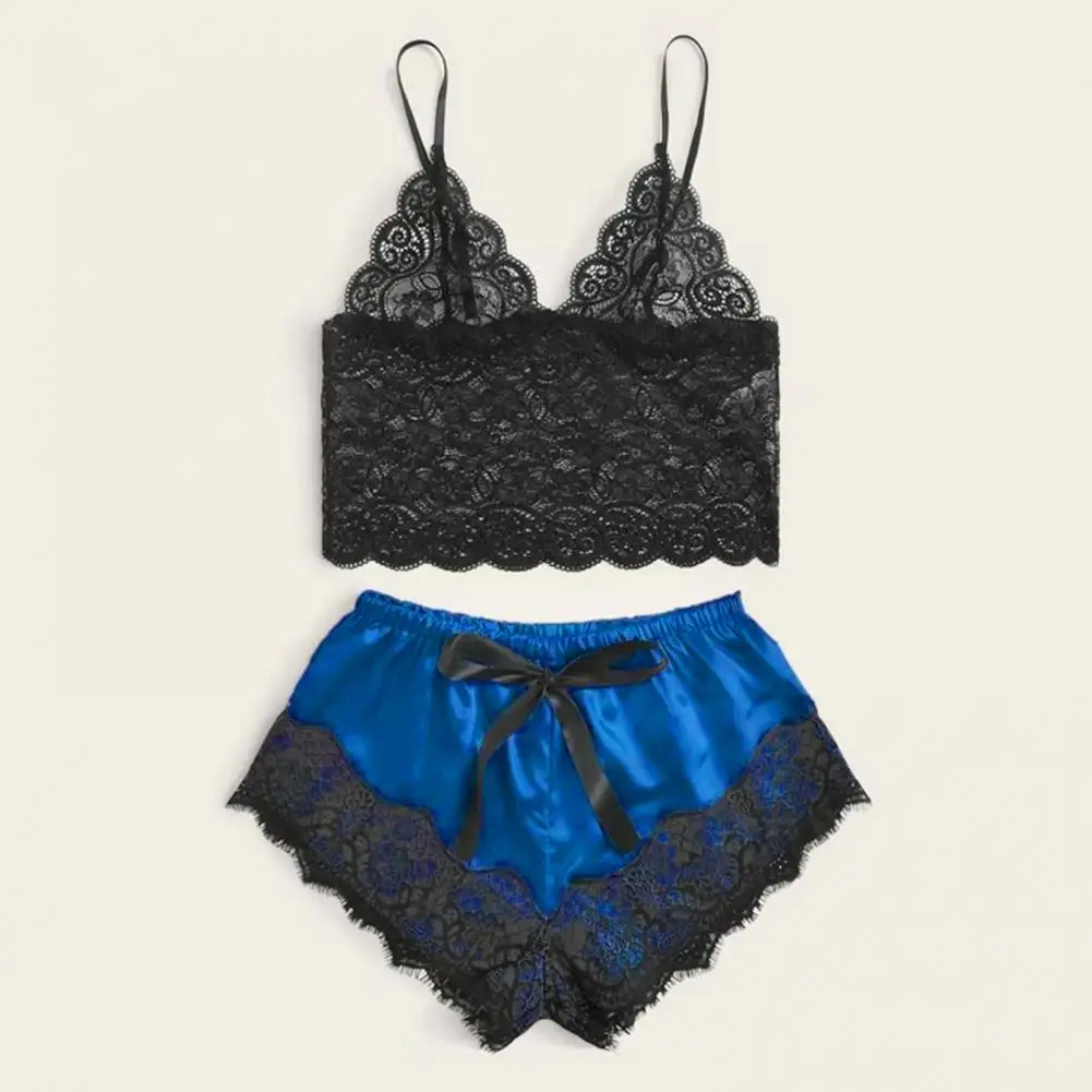 

Lace Camisole Pajama Set Elegant Lace Trim Sleepwear Set Backless Vest Tops Satin Shorts with Bowknot Decor for Comfortable