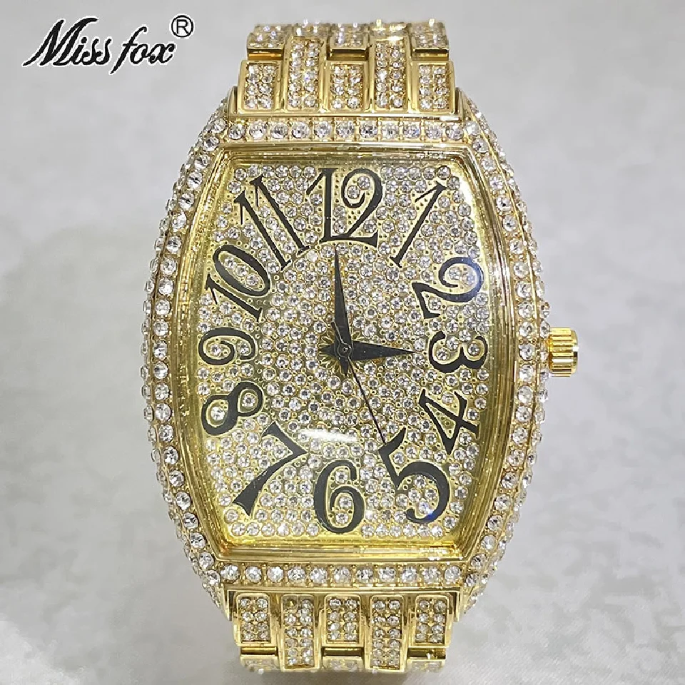 

Hip Hop Brand MISSFOX Luxury Gold Watches For Men Full Diamond Big Waterproof Wristwatch Fashion Bling Iced Out AAA Clocks Male