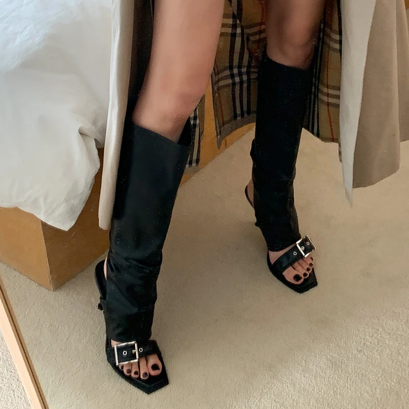 Punk Gothic High Heels Sandals Boots Women 2023 Autumn Metal Buckle Black Long Boots Woman Pu Leather Knee High Botas Shoes