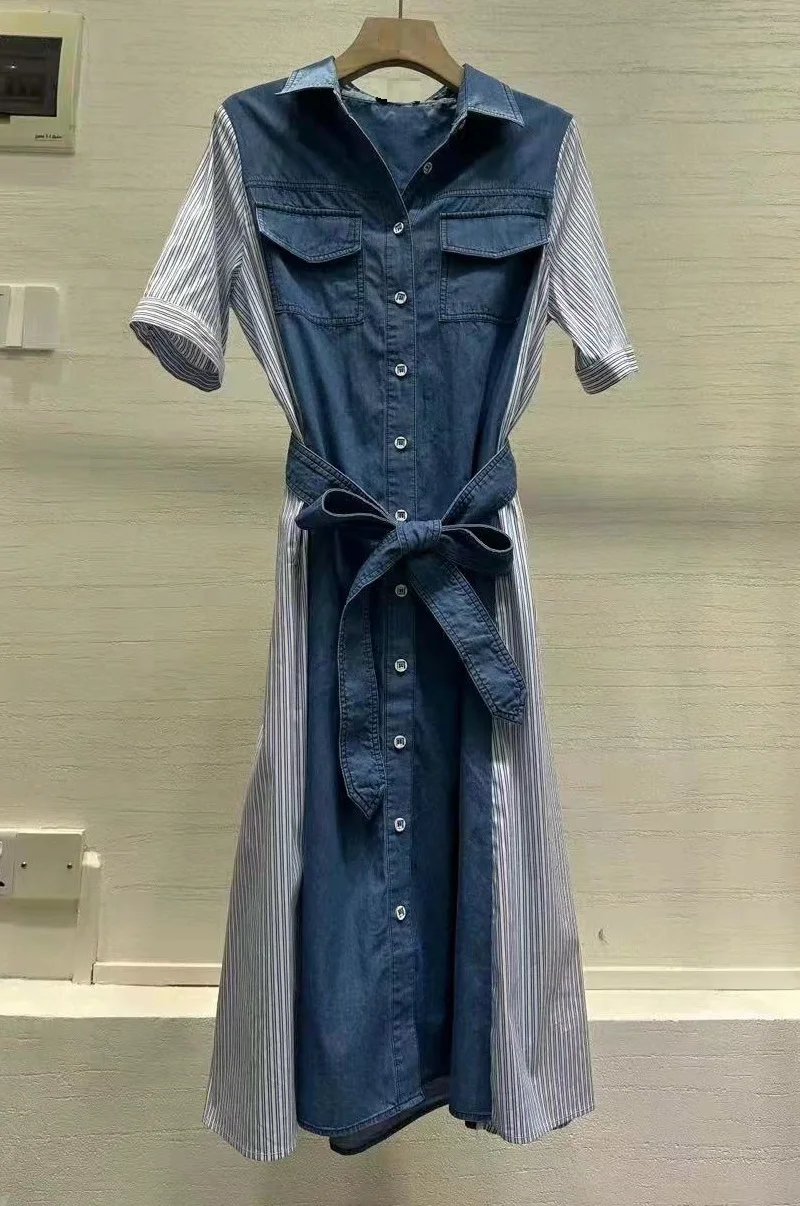 

Женское джинсовое платье в полоску, Повседневное платье с отложным воротником, коротким рукавом и поясом, из 100% хлопка, в стиле пэчворк, лето 2023