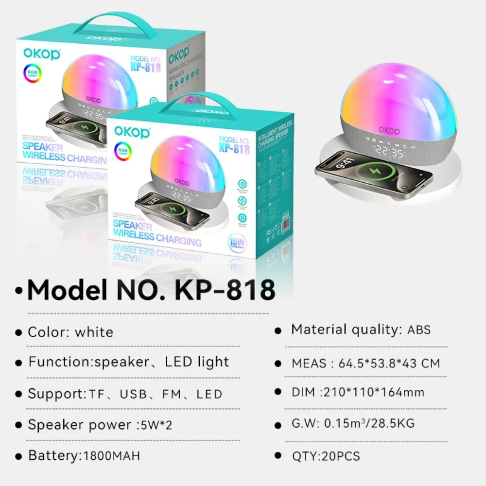 OKOP Настольный Bluetooth-динамик 15 Вт Беспроводная зарядка Будильник Таймер RGB Атмосфера Свет Белый шум Музыка Вечеринка домашний кинотеатр (art.: 3920d2ff75c2b) - 3920d2ff75c2b