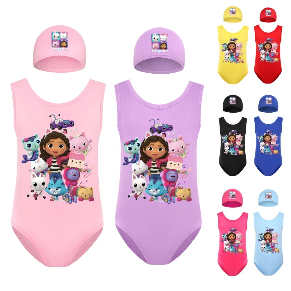 

2 шт./комплект, детский слитный купальник с открытой спиной и шапочкой