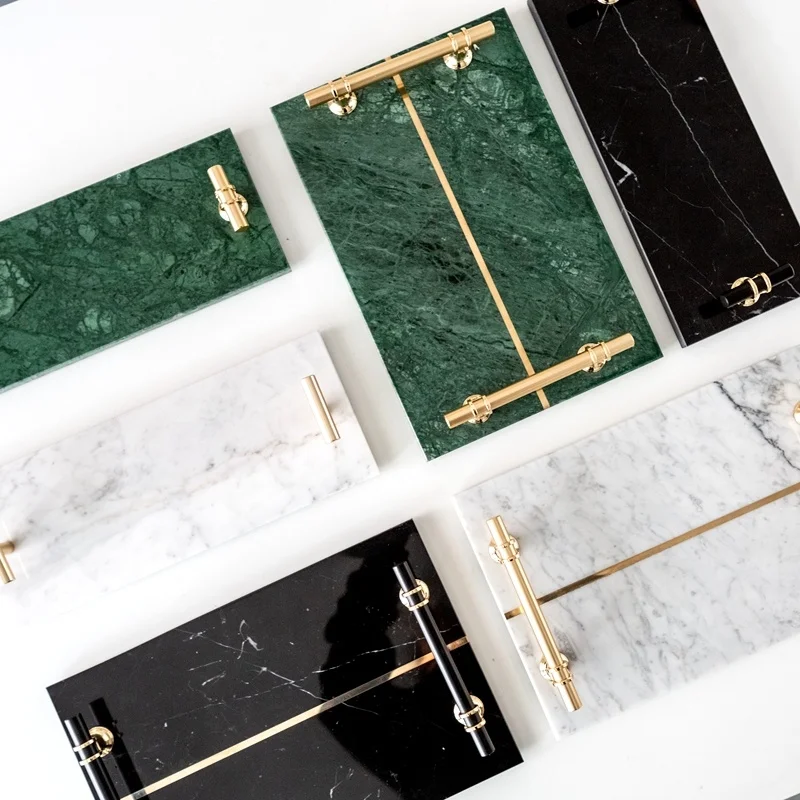 

Light Luxury And Simple Metal Tray Marble Cutlery Holder Multifunctional Tray For Decoration Both Side Handles Jewelry Tray