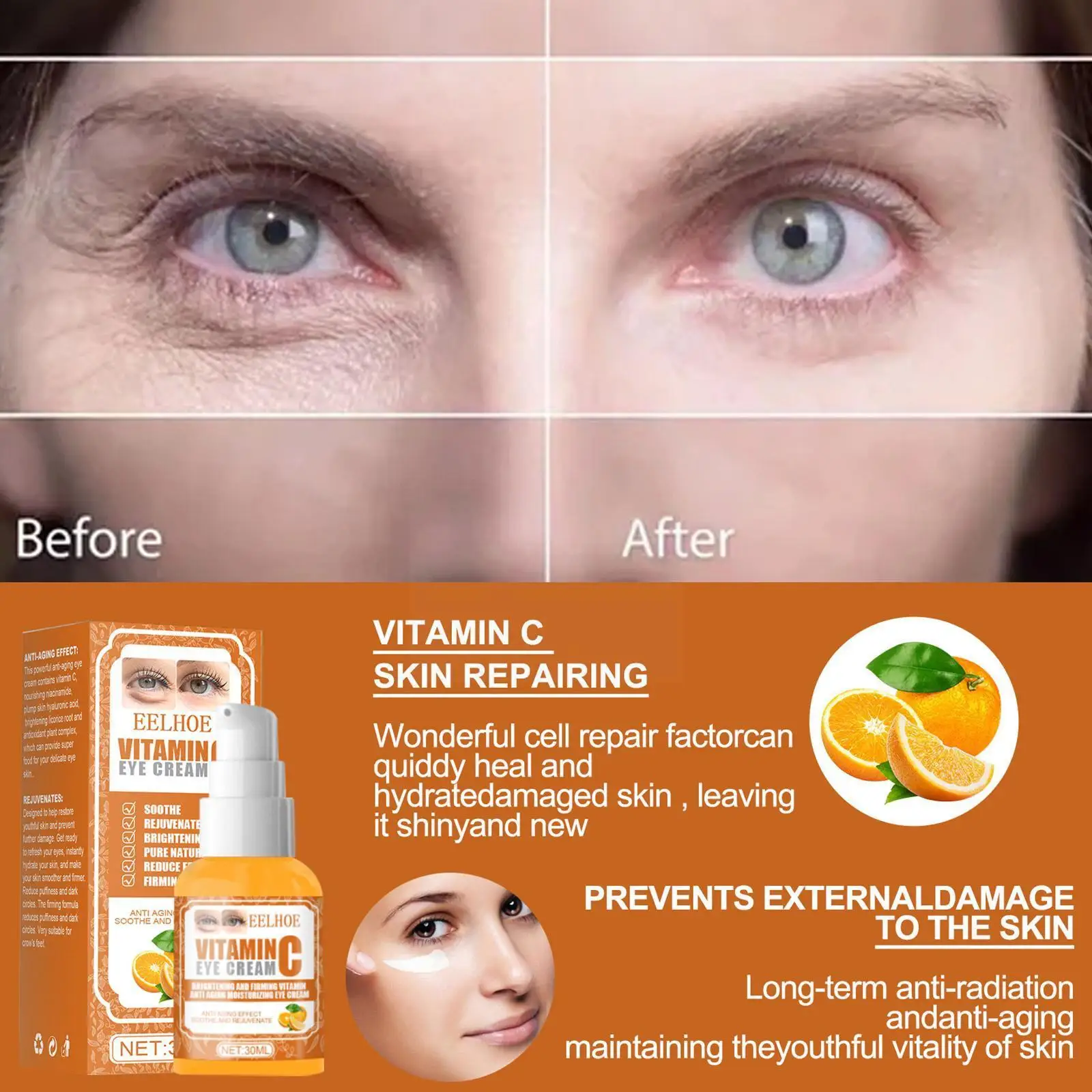 

30ml Vitamin C Anti Dark Circles Eye Cream Remove Eye Bags Beauty Firm Anti-wrinkle Brighten Cosmetics Moisturizing Massage I9G8
