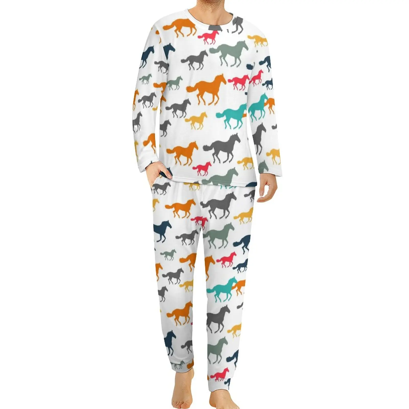 

Colorful Horses Pajamas Spring Cartoon Horse Pattern Bedroom Home Suit 2 Pieces Graphic Long Sleeve Kawaii Oversize Pajama Sets