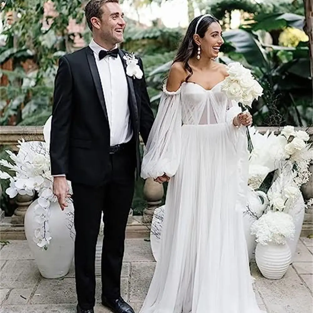 

Long Sleeve Tulle Wedding Dress for Bride Puffy Sleeve Prom Dress Ball Gown Formal Evening Gowns with Slit فساتين السهرة
