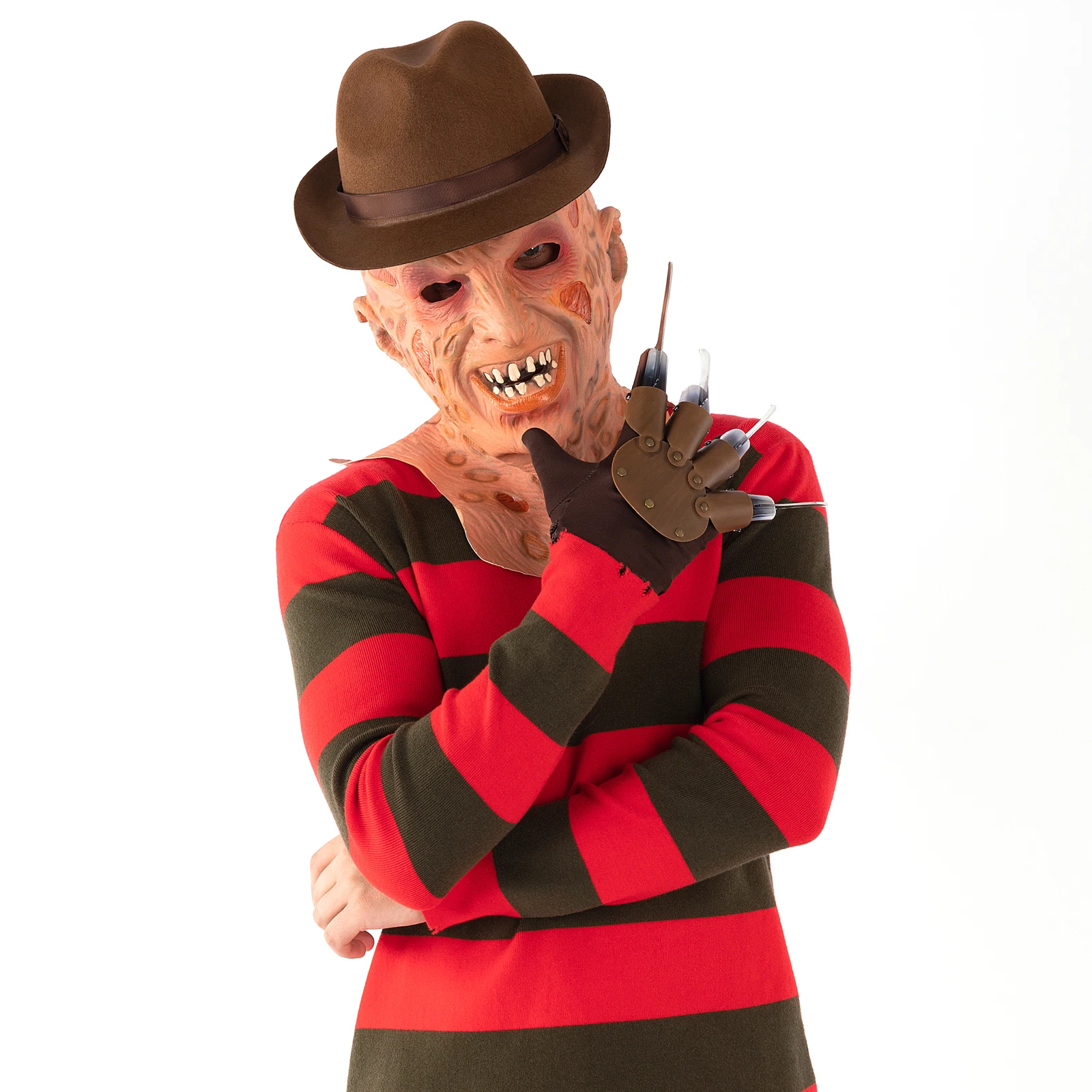 Freddie Krueger Halloween Costume Cosplay Costume Red Striped Knitting Top Coat Hat Mask for Men Adult Freddy Krueger Sweater