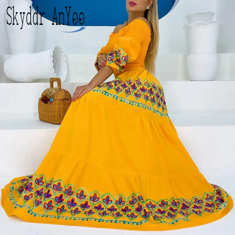 

Summer Dresses Woman 2022 Off Shoulder Floral Printed Yellow Elegant Dresses For Women Robe Vintage Maxi Long Dress