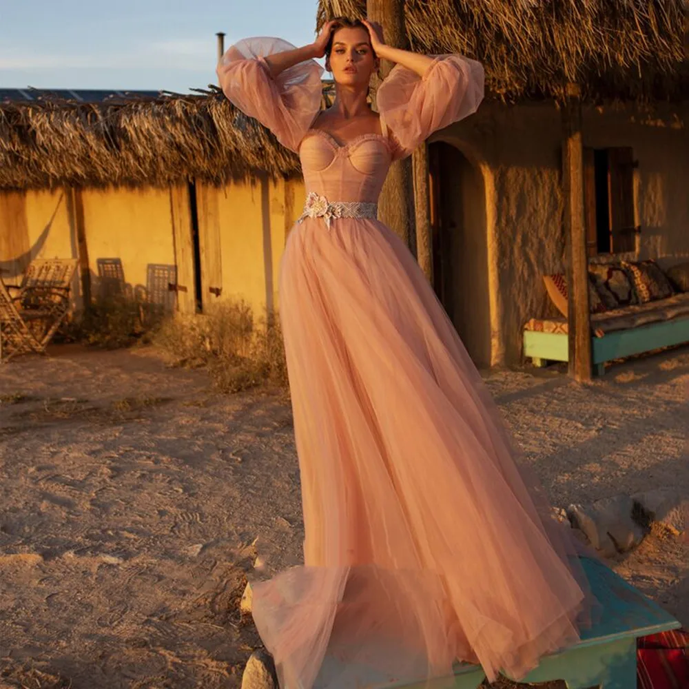 

Simple Pink A-line Prom Dresses 2022 Floor Length Tulle Evening Dress Illusion Long Sleeve Off the Shoulder Party Gown Women