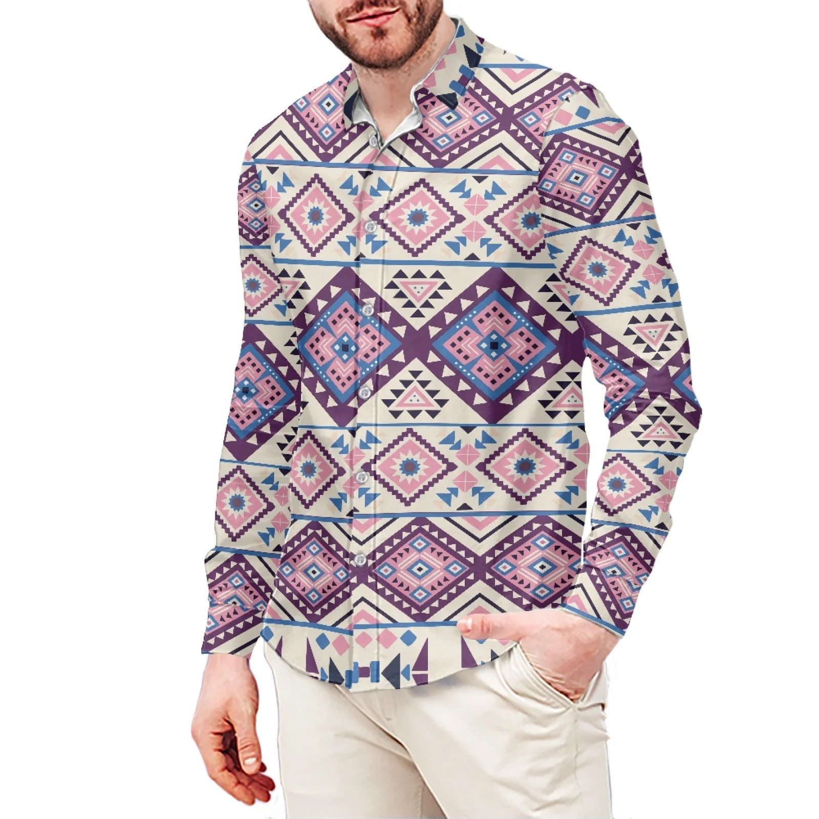 Purple Pattern Tribal Print Men's Dress Men's T-Shirt Pornesian Sport Style Men's Shirt Stand Collar 6XL Long Sleeves Winter
