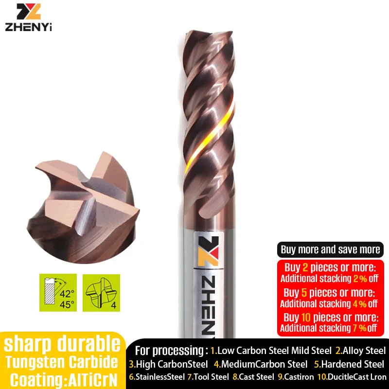 

ZHENYI Концевая фреза с круговой канавкой с двойной спиралью Высокоэффективная чистовая обработка 42°/45° Неравномерная сегментация Спиральный угол Твердосплавная фреза