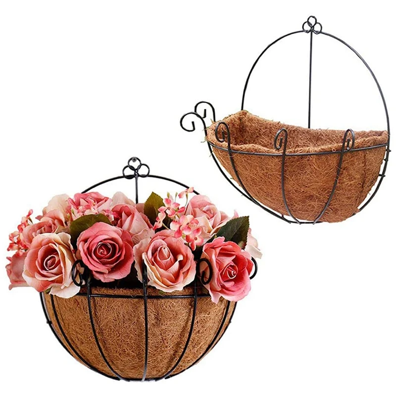 Metal Hanging Planter Basket With Coco Coir Liner Wall Mount Wire Plant Holder For Indoor Outdoor Garden Porch (12 Pack)