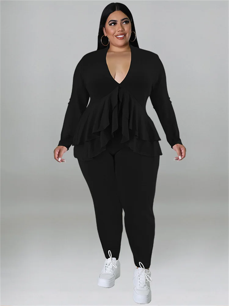Plus Size Two Piece Outfits Women v Neck Ruffles Hem Top Leggings Sets Solid Stretch Tracksuit Wholesa 3xl 4xl 5xl 6xl