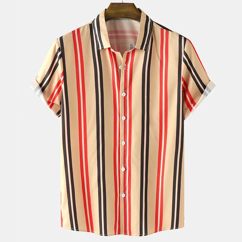 

2022New Men's Striped Shirts Fashion Men Short Sleeve Hawaii Shirt Casual Turn-down Collar Button Up Shirt Tops Camisa Masculina