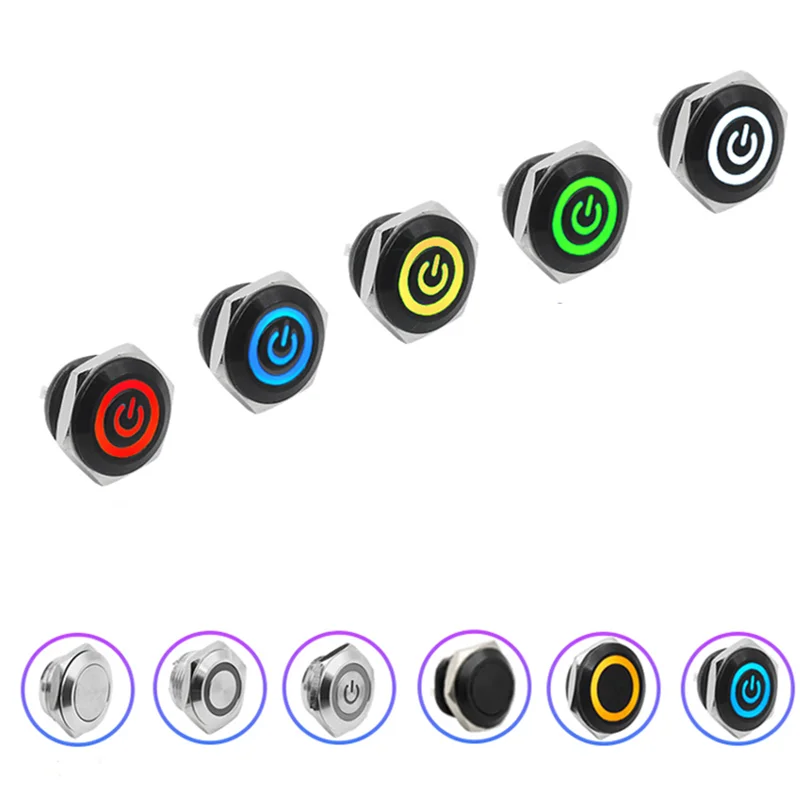 

16/19/22/25/30mm Tiny Short Black Silver Metal Button Switch LED 6V/12V Momentary Not Fixed Machine Panel Dashboard Button