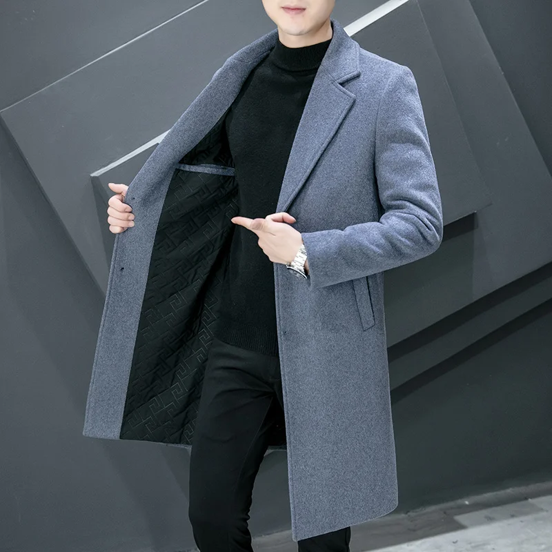 

New 2023 Autumn Winter Men's Solid Color Mid-Length Woolen Coat Business Casual Outwear Overcoat Loose Windbreaker Tops Jackets
