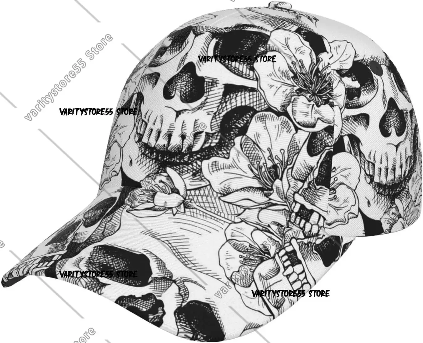 Фото Черно-белая модная бейсболка унисекс с черепом и цветком, шляпы Snapback, шляпа для папы, классическая регулируемая шляпа дальнобойщика для мужчин и женщин №1