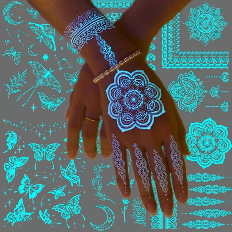 6 листов большие белые мандалы синие светящиеся бабочки татуировки